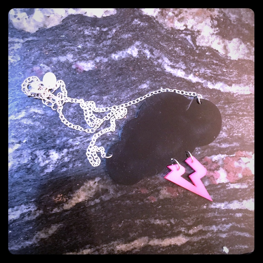 Black cloud with pink thunderbolt necklace